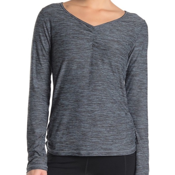 Zella V Neck Ruched Long Sleeve Workout Shirt Gray Blue - Picture 1 of 4